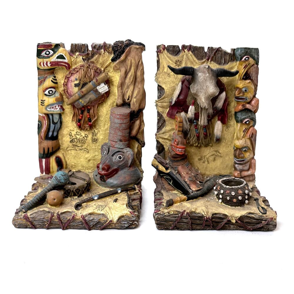 Vintage Native American Themed Resin Bookends 6x4x4 Inches